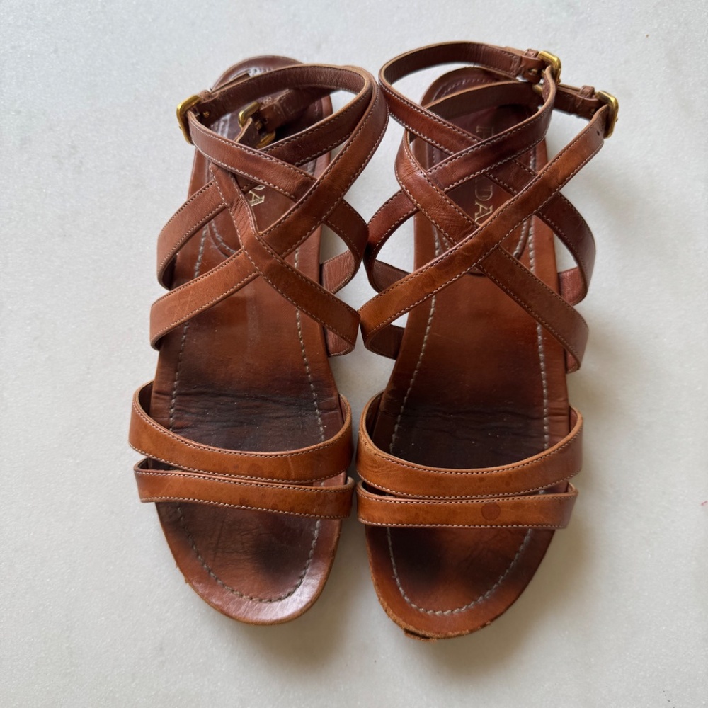 PRADA / Tan Leather double strap sandal/ Size 38 1/2